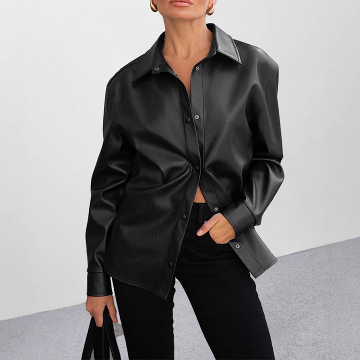 JAYLIN – Faux Leather Snap-Up Shirt