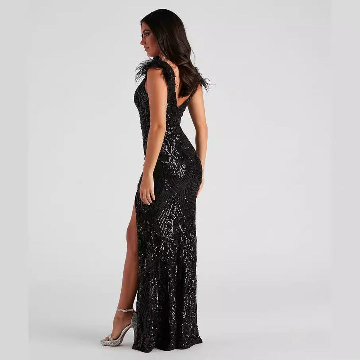 SAYLIN – Black Sequin Gown with Feather Detail