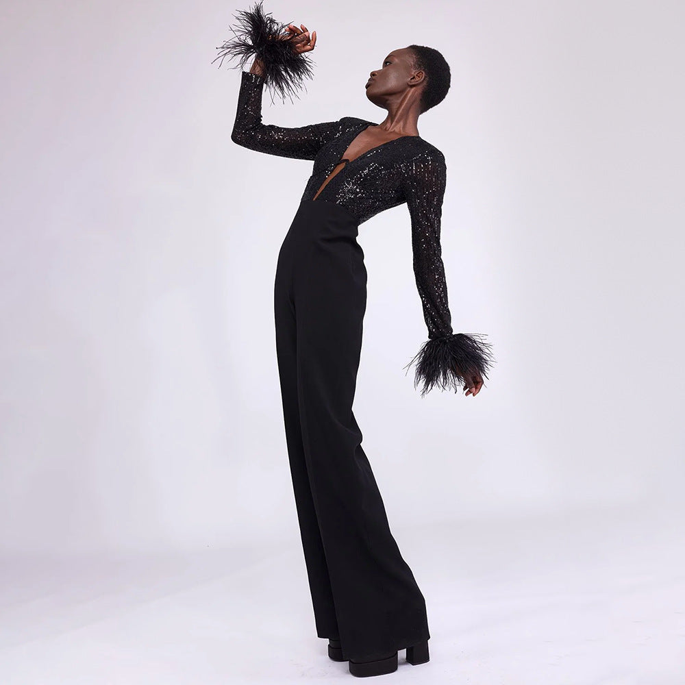 SEREN - Women's Black Sequin Jumpsuit with Feather Cuffs
