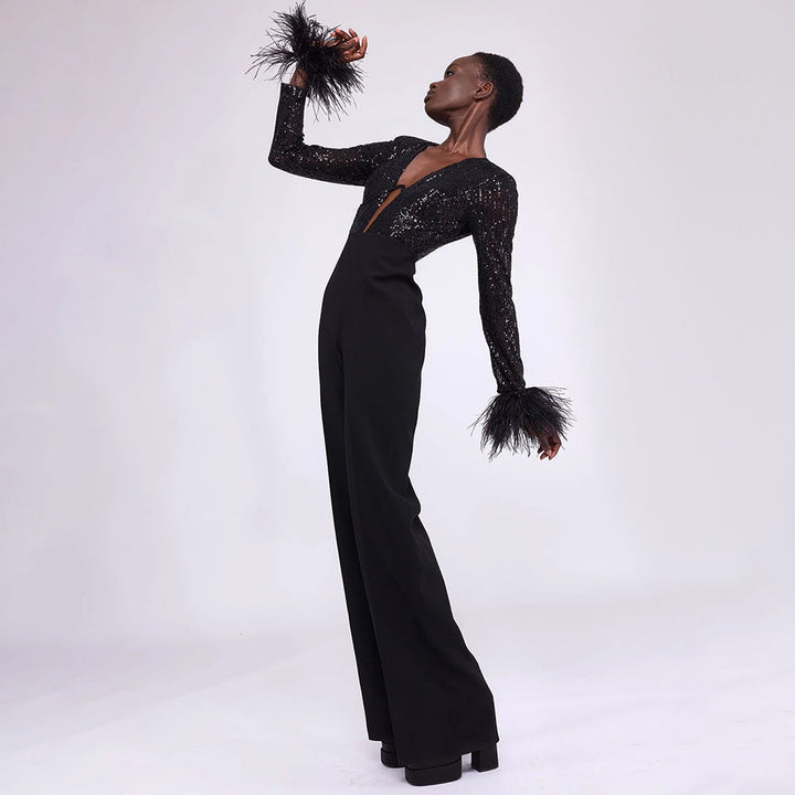 SEREN - Women's Black Sequin Jumpsuit with Feather Cuffs