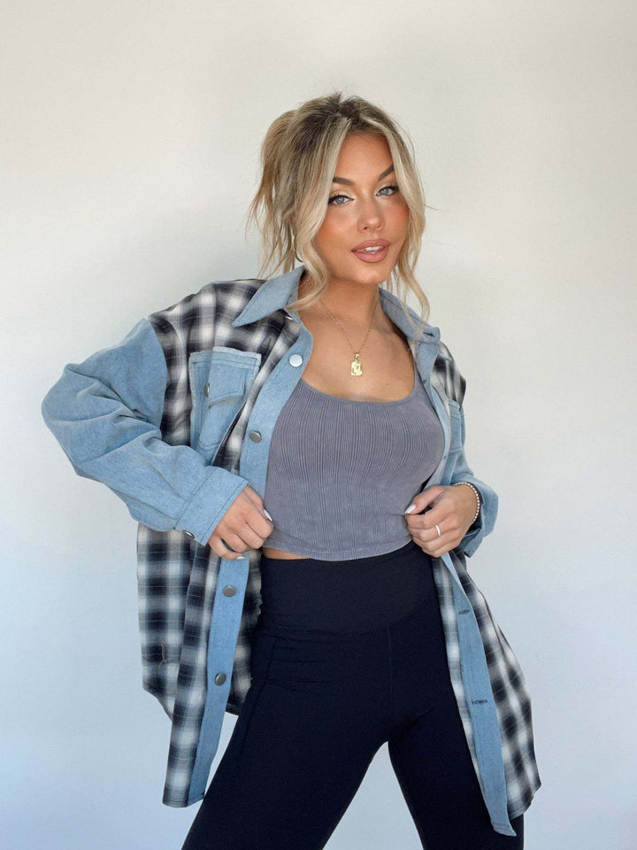 MUMBI -  Women's Denim-Plaid Contrast Shirt