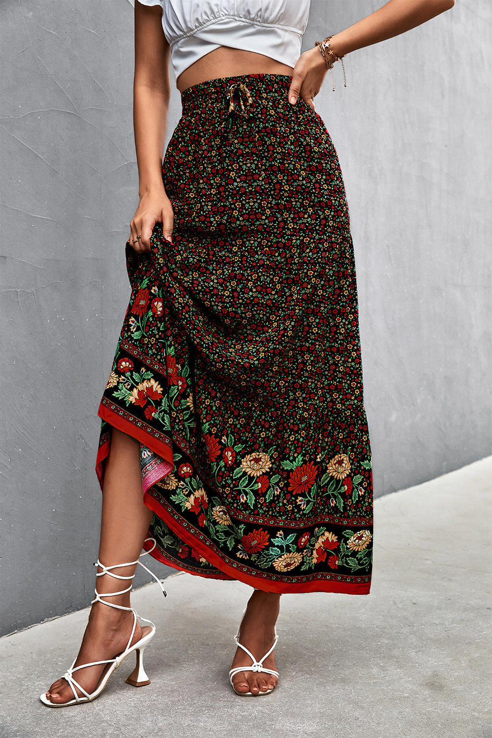 MAREE - Women's Bohemian Red Floral Maxi Skirt