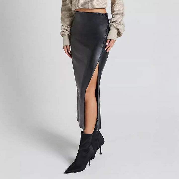 REVIR – High-Waisted Midi Skirt in Vegan Leather