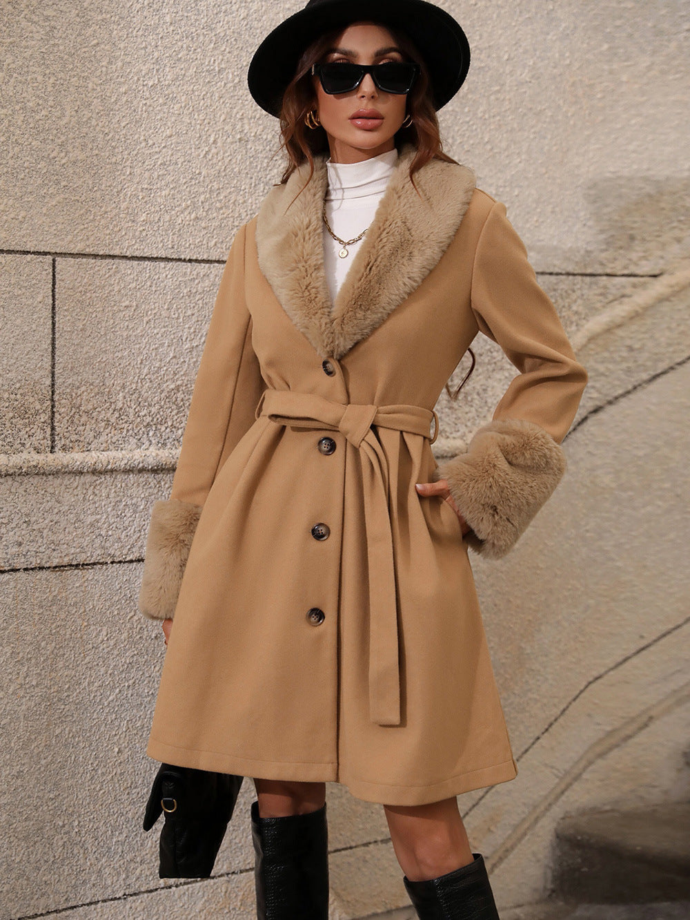 MASOM - Women's Vegan Wool Coat with Faux Fur Collar