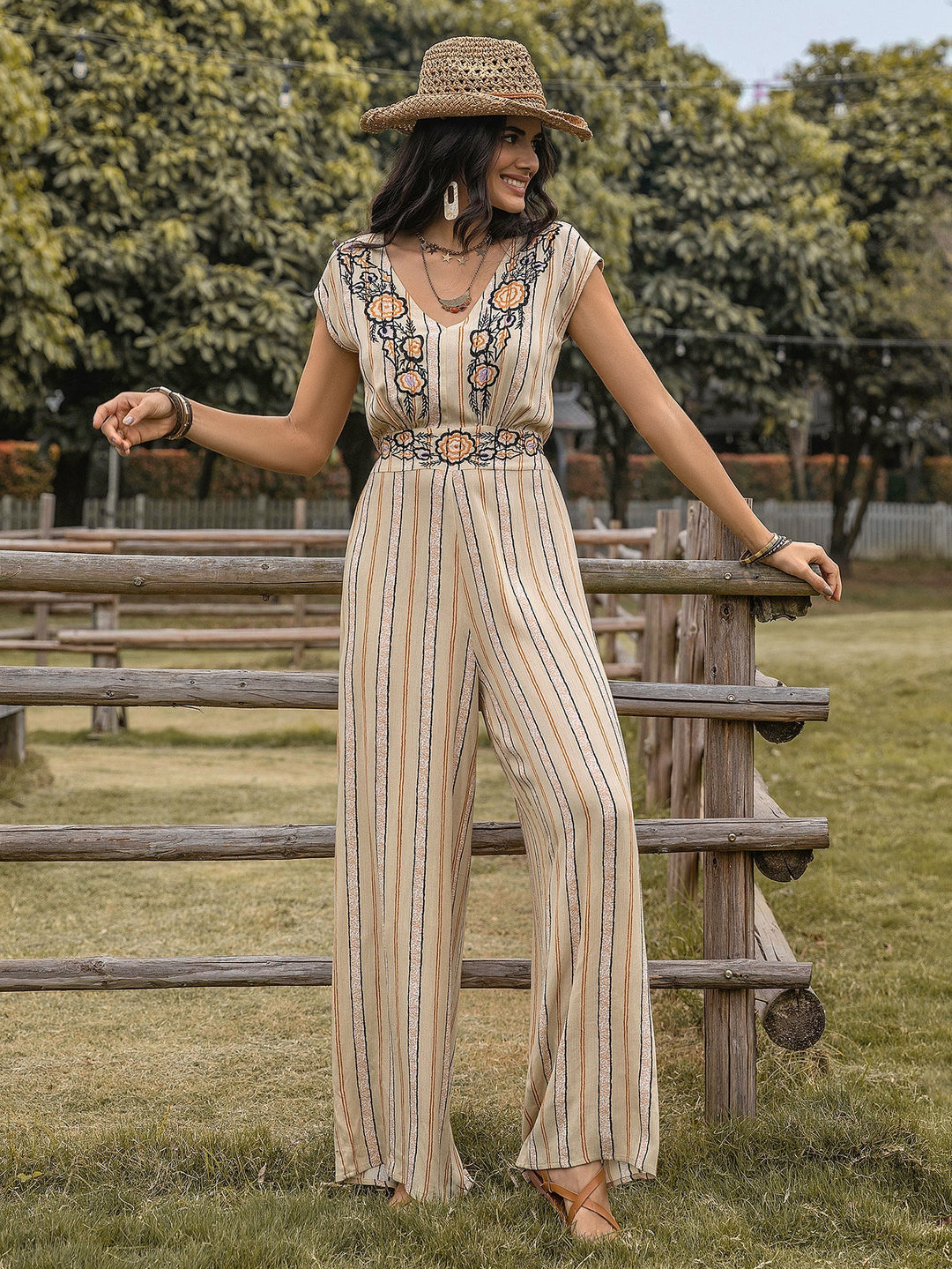 ISLA – Boho Striped Floral Embroidered Jumpsuit