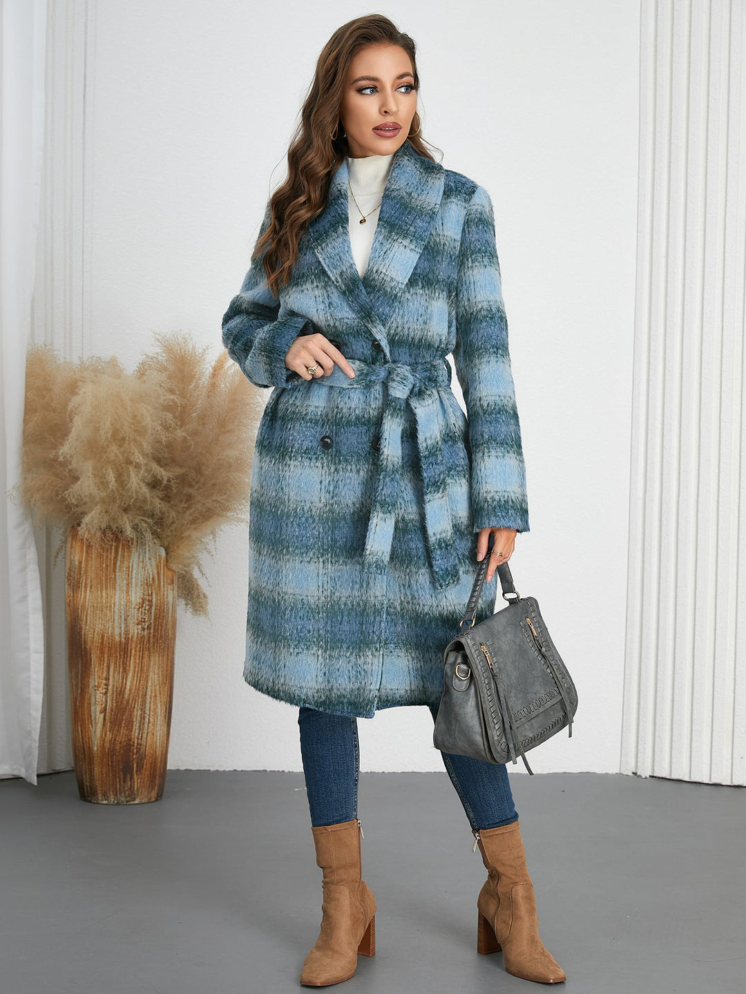 LAYLA - Women's Plaid Wool-Blend Belted Coat
