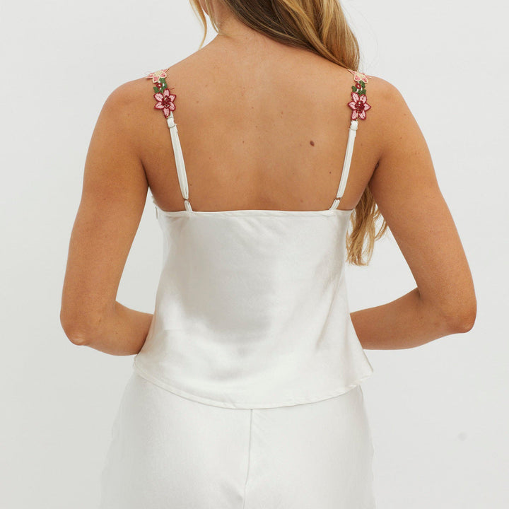 YUNA – Floral Embroidered Strap White Top
