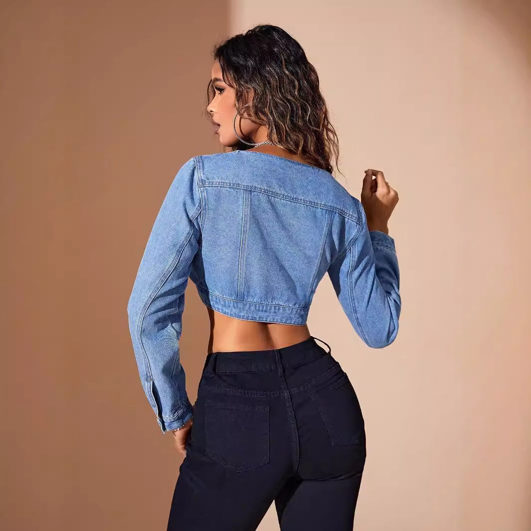 ZOLA – Cropped V-Neck Denim Jacket