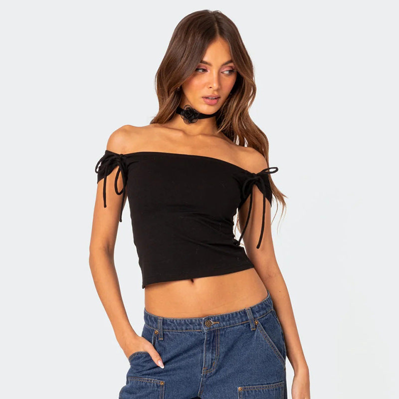 LANTHE - Off-Shoulder Tie Sleeve Crop Top
