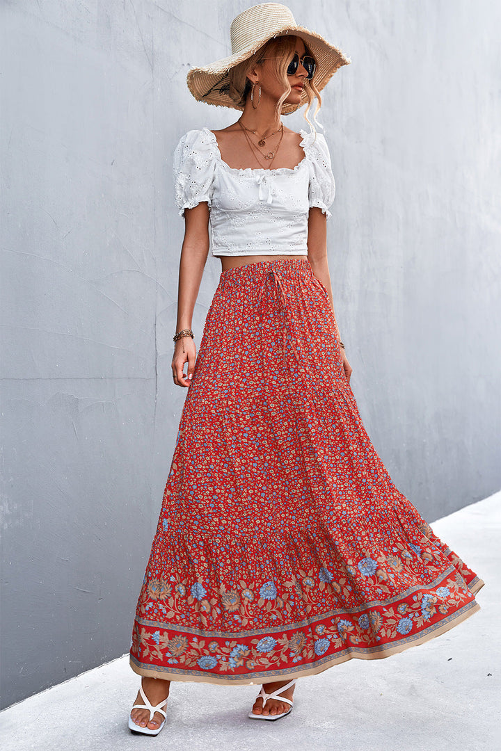 MAREE - Women's Bohemian Red Floral Maxi Skirt