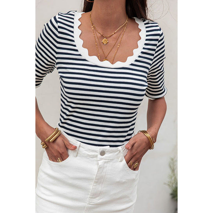 MELSON - Striped Knit Top with Scalloped Neckline