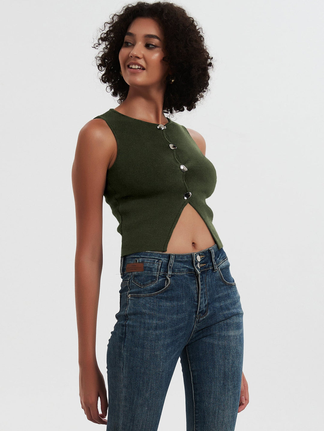 KEI - Women’s Sleeveless Button Ribbed Crop Top