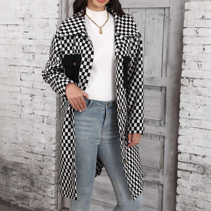 VENNAM -  Women's Long Checkerboard Pattern Coat