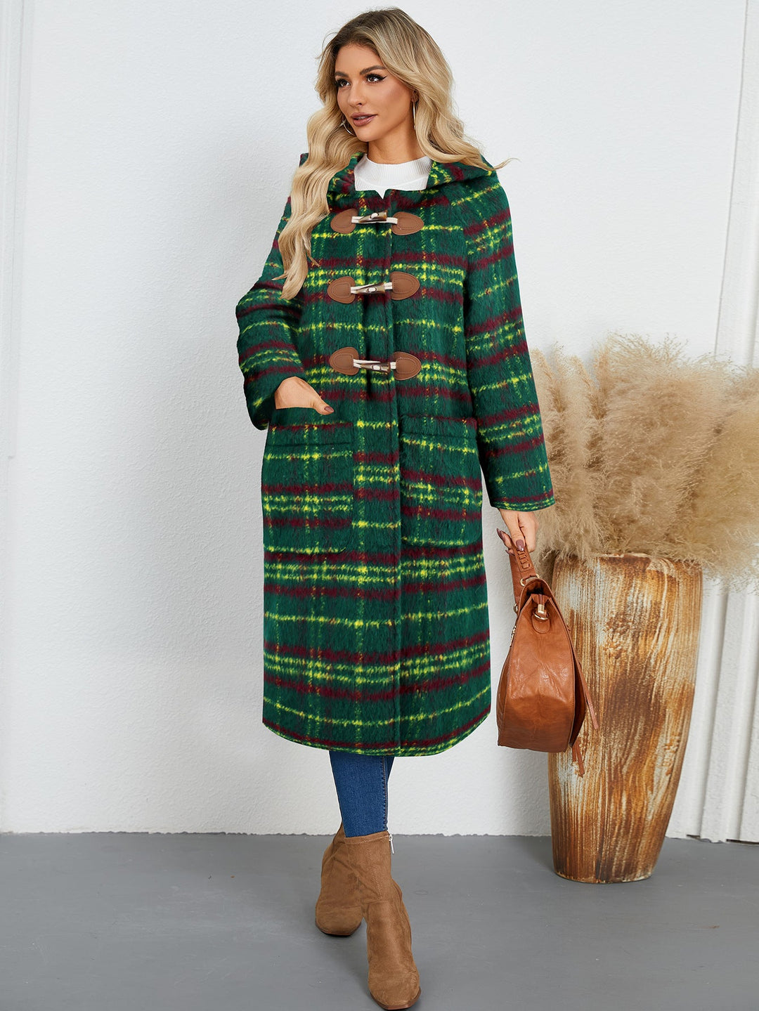 FIONA - Women's Plaid Hoodie Coat with Toggle Closure