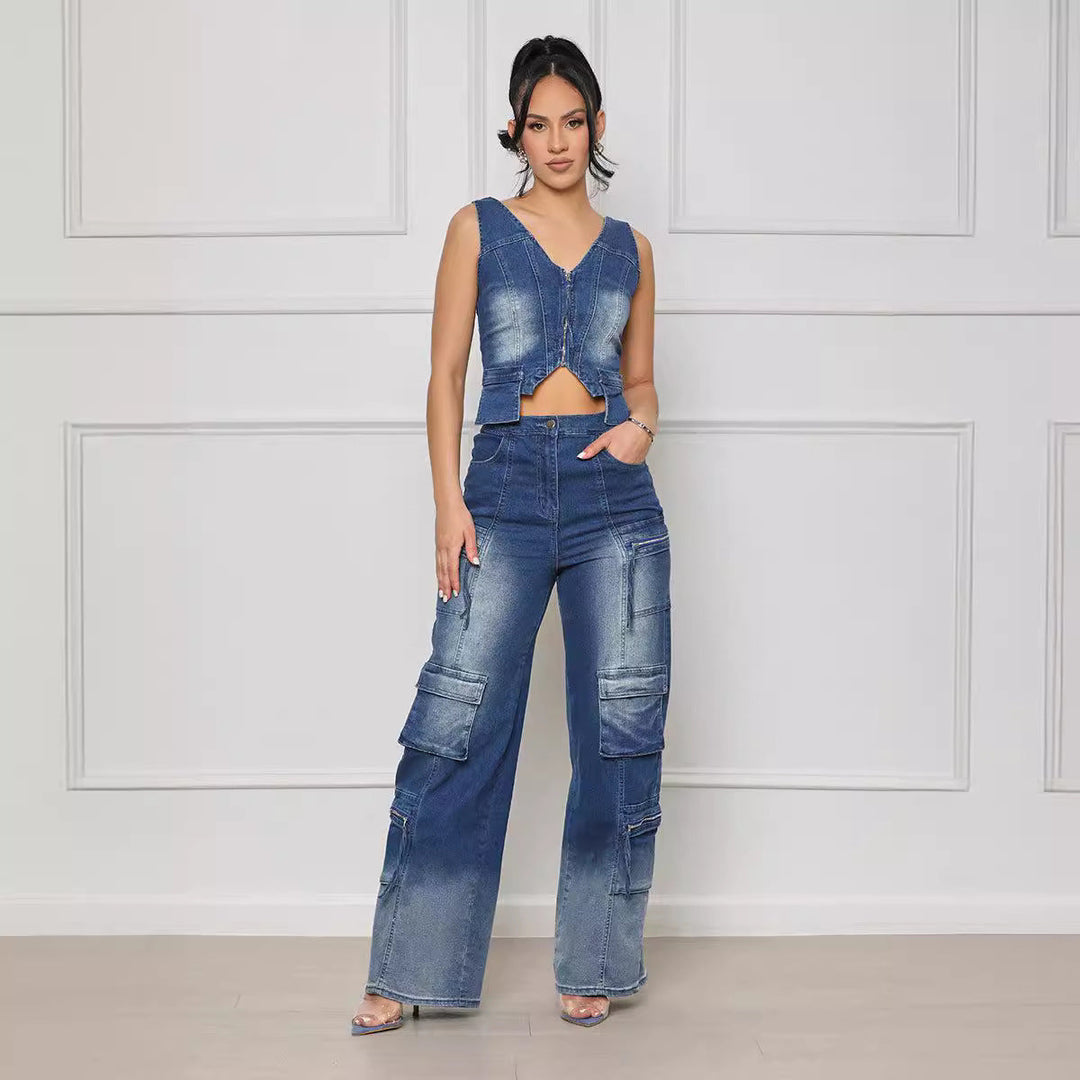 NEOMA - Women's Denim Crop Top & Cargo Pants Set