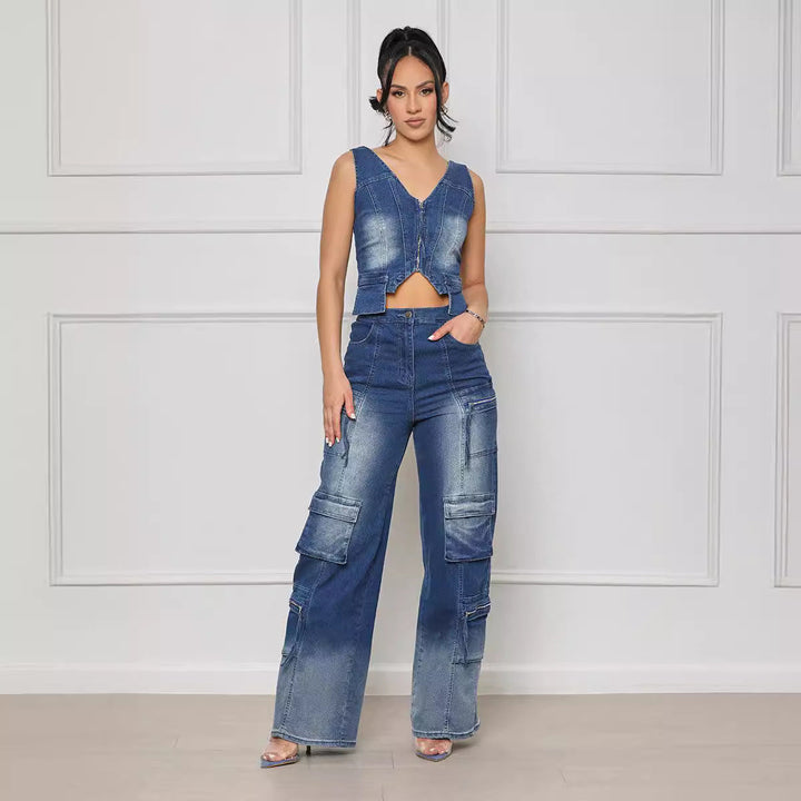 NEOMA - Women's Denim Crop Top & Cargo Pants Set