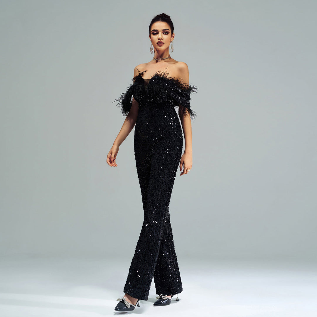 YOTEI - Off-Shoulder Sequin Jumpsuit with Feather Trim