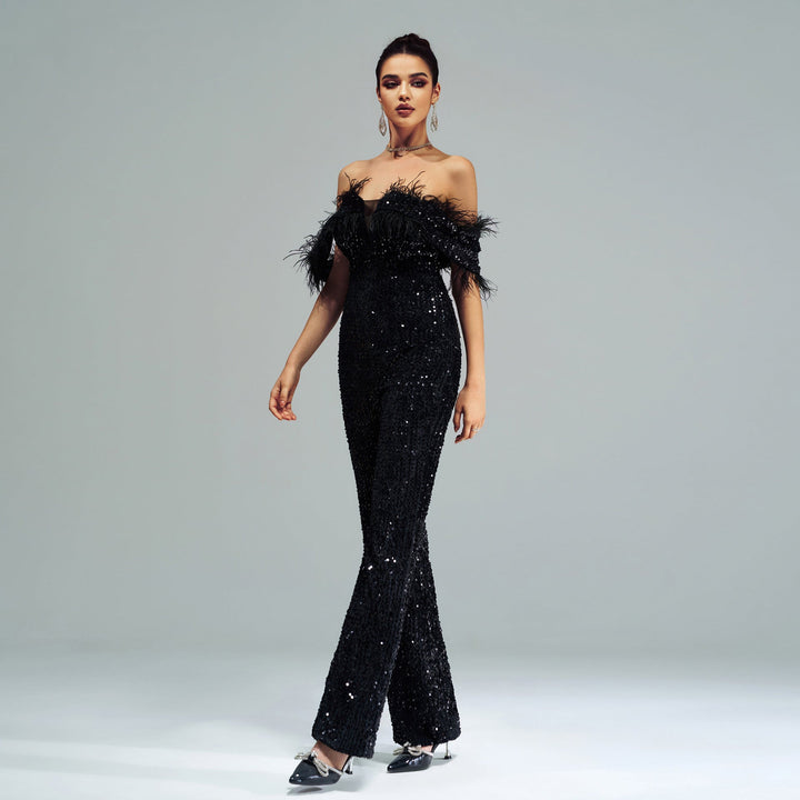 YOTEI - Off-Shoulder Sequin Jumpsuit with Feather Trim