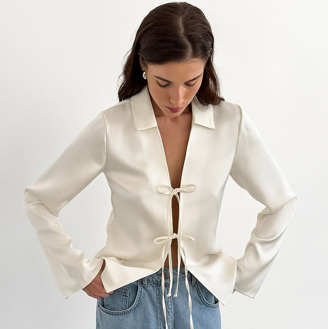 ELINA – White Tie-Front Blouse