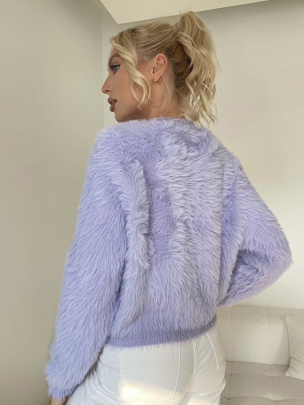 SUSI - Lavender Fluffy Button-Up Cardigan