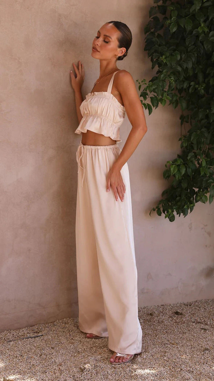 YUKIO - Women's Ruffle Crop Top & Wide-Leg Pant Set