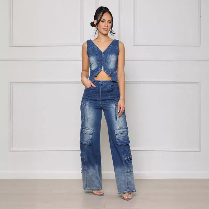 NEOMA - Women's Denim Crop Top & Cargo Pants Set