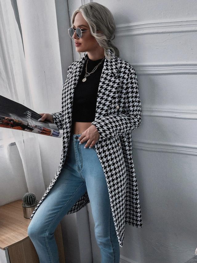 GION - Women's Houndstooth Pattern Long Coat