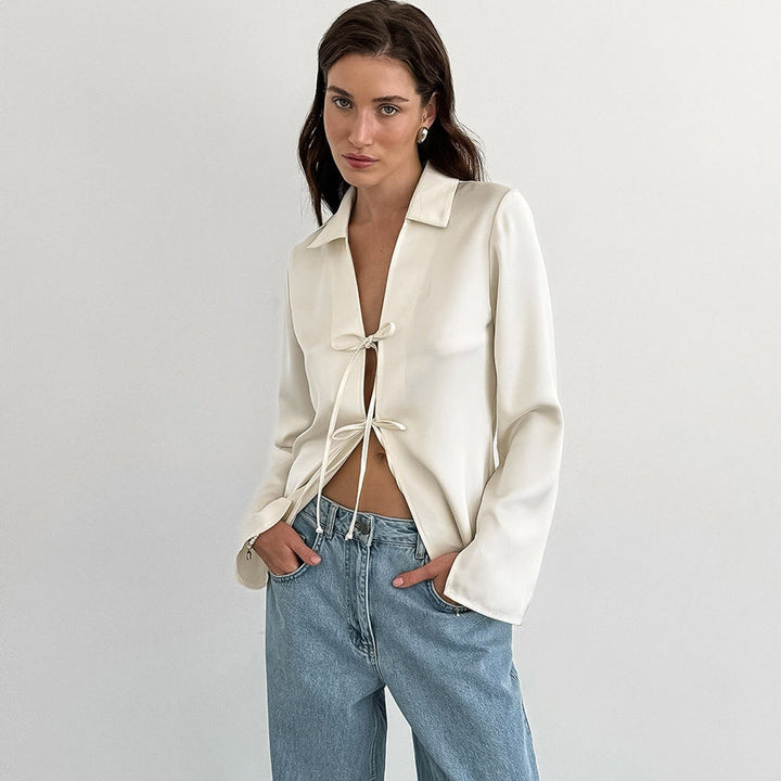 ELINA – White Tie-Front Blouse