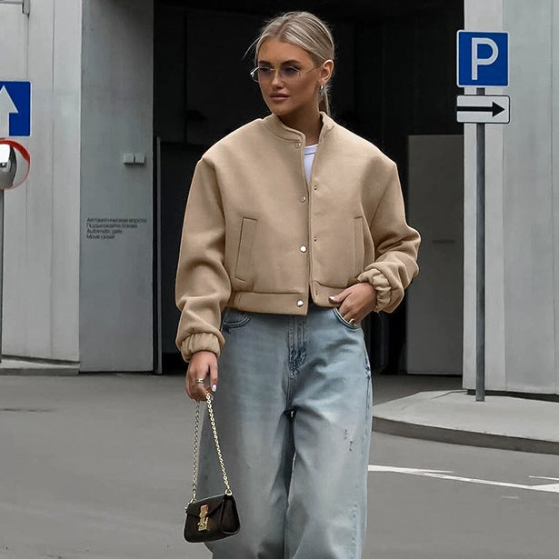 INES – Women's Minimalist Cropped Snap Jacket