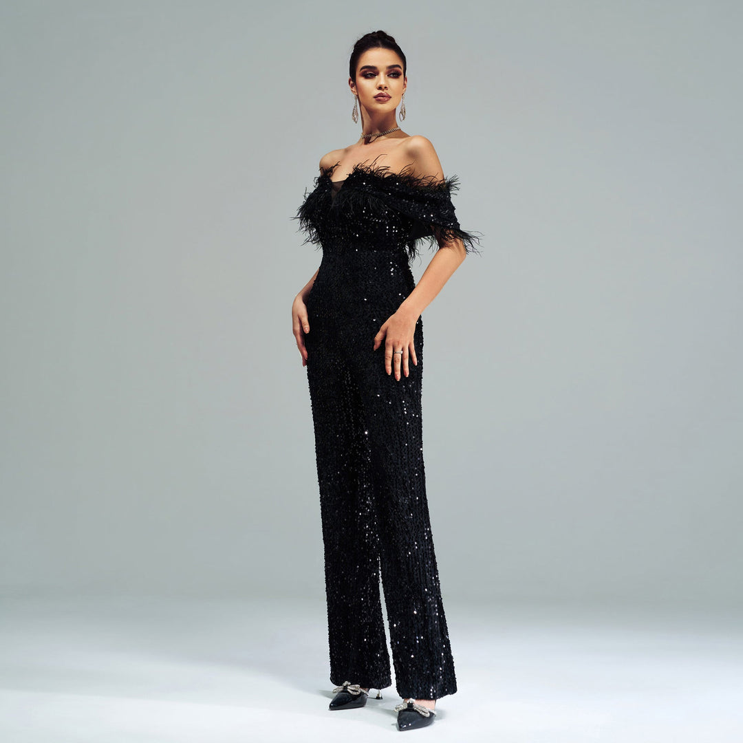 YOTEI - Off-Shoulder Sequin Jumpsuit with Feather Trim