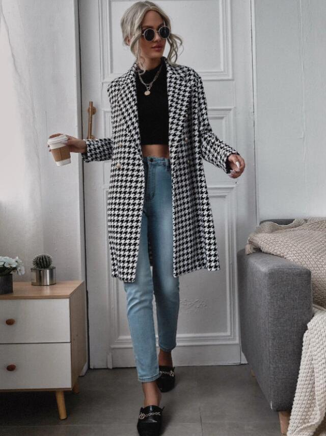 GION - Women's Houndstooth Pattern Long Coat