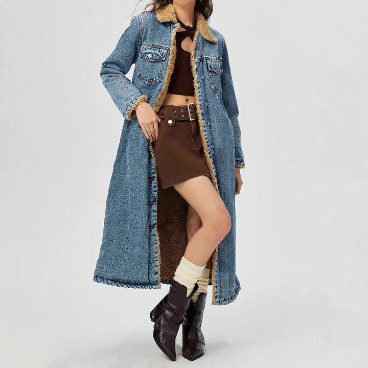 SENAI – Long Denim Coat with Vegan Fur