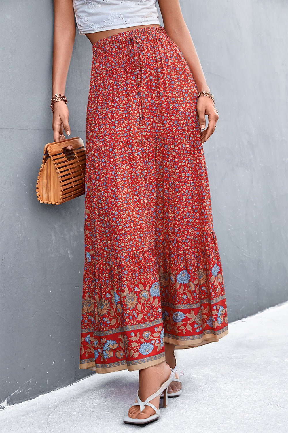 MAREE - Women's Bohemian Red Floral Maxi Skirt