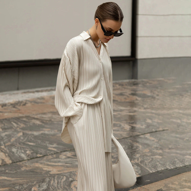 LORREE- Women's Pleated Shirt & Pants Set