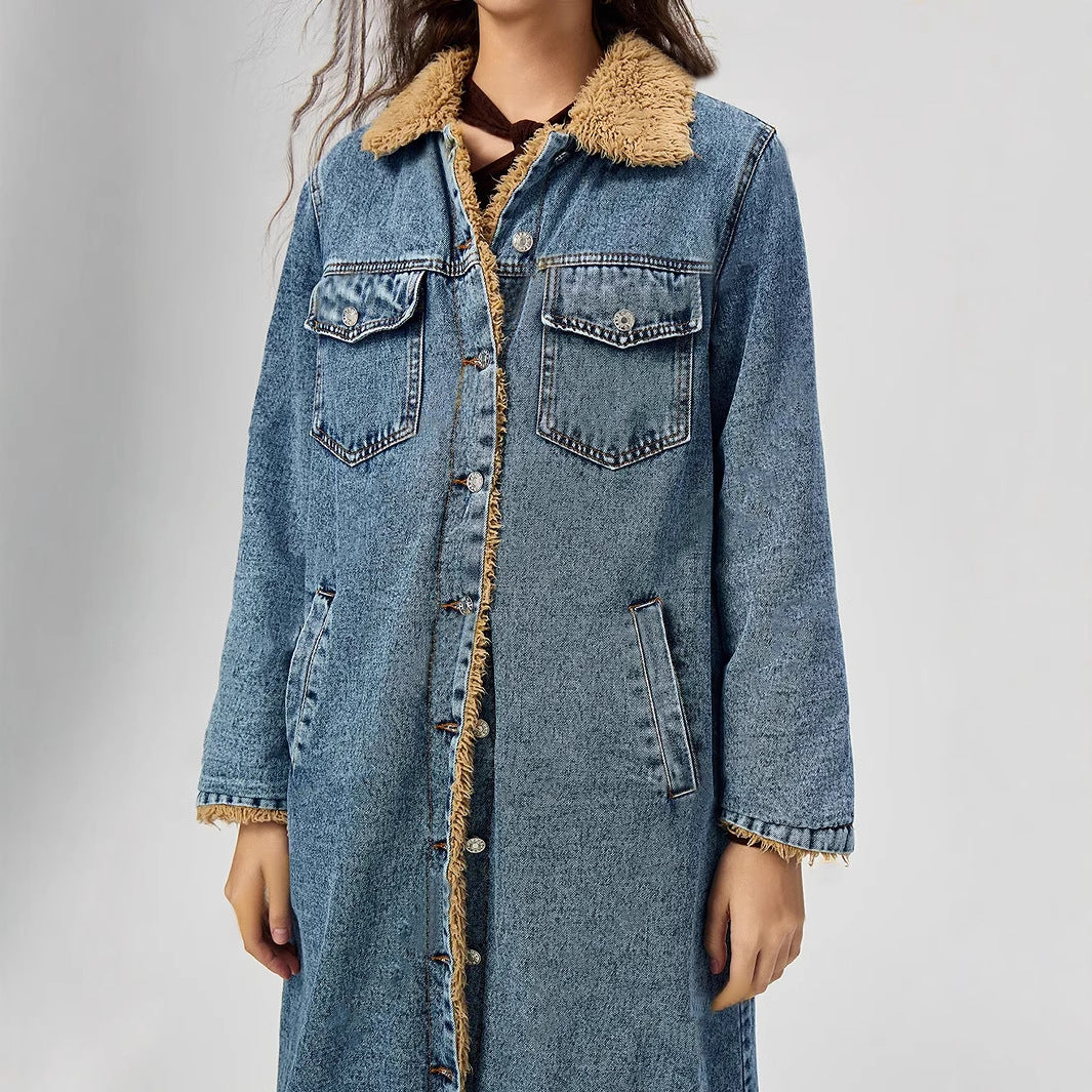 SENAI – Long Denim Coat with Vegan Fur
