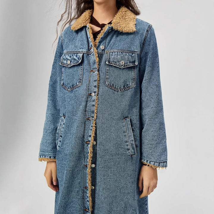 SENAI – Long Denim Coat with Vegan Fur