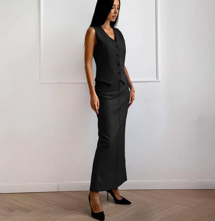 SELYNE - Black Sleeveless Vest Skirt Set