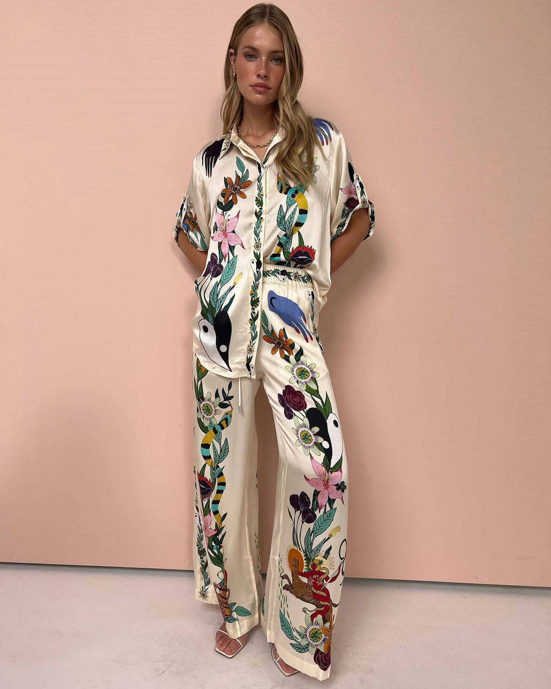AZUMI - Women's Floral Shirt & Wide-Leg Pants Set