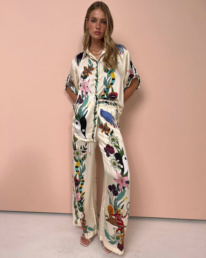 AZUMI - Women's Floral Shirt & Wide-Leg Pants Set