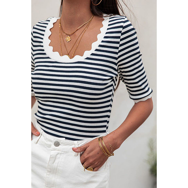 MELSON - Striped Knit Top with Scalloped Neckline
