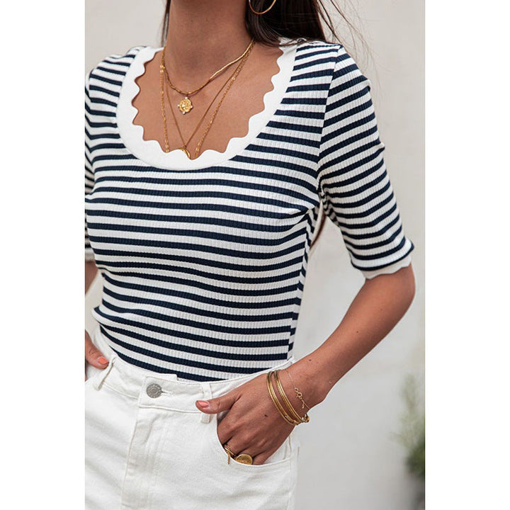 MELSON - Striped Knit Top with Scalloped Neckline