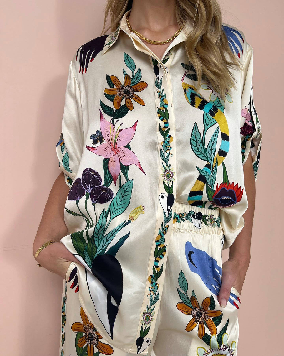 AZUMI - Women's Floral Shirt & Wide-Leg Pants Set