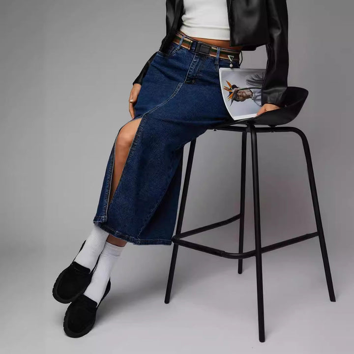 RENEE - High-Waist Split Denim Skirt