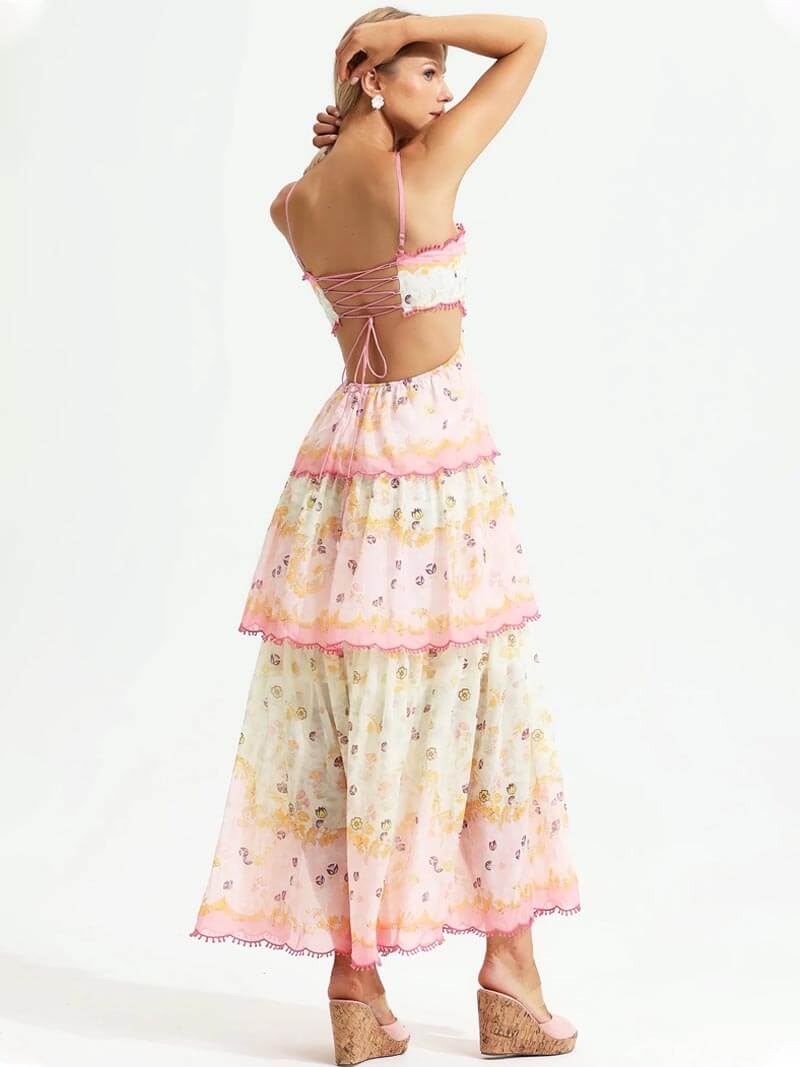 DIEN - Floral Tiered Backless Maxi Dress