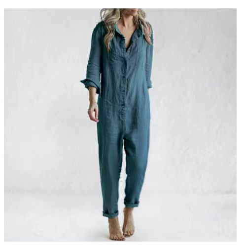 VIOLA - Cotton Turn-Down Collar Jumpsuit with Relaxed Fit