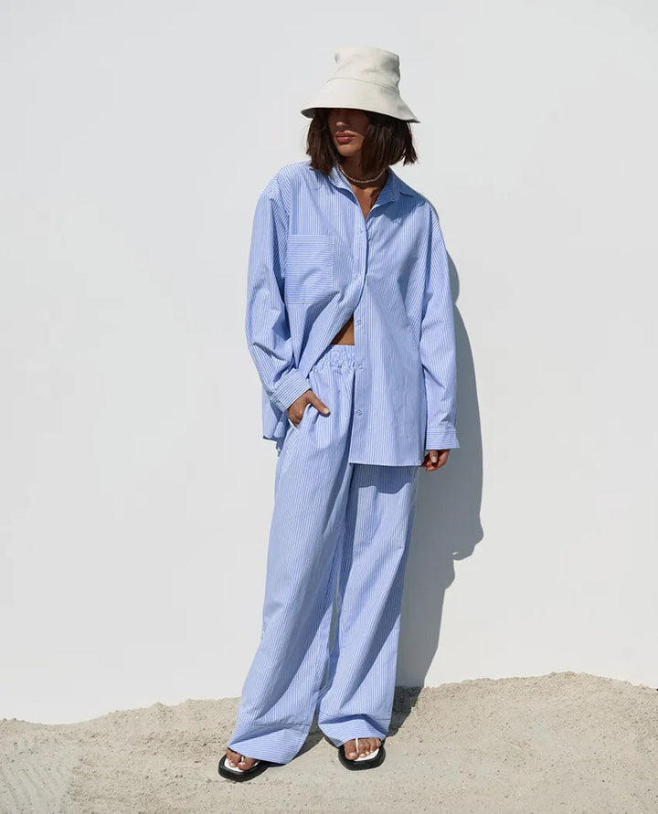 FRSH - Striped Cotton Co-ord Set in Sky Blue