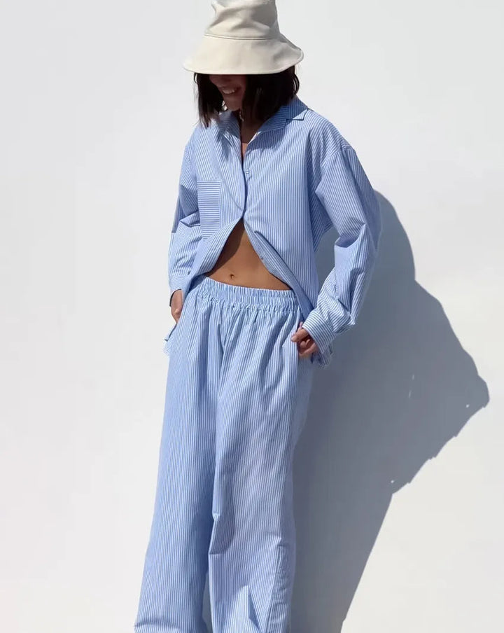 FRSH - Striped Cotton Co-ord Set in Sky Blue