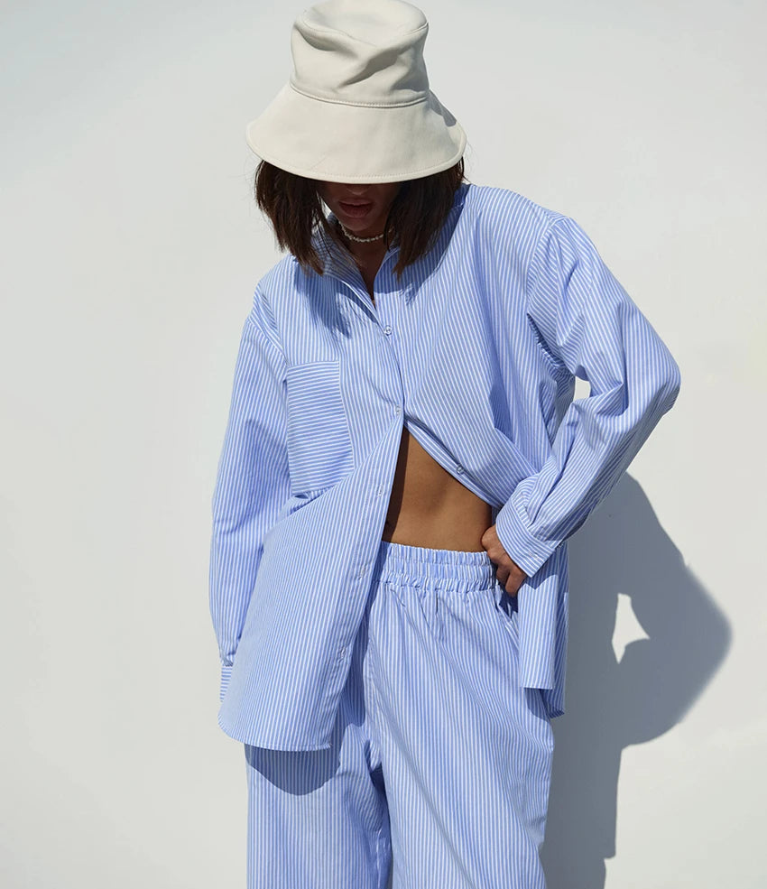 FRSH - Striped Cotton Co-ord Set in Sky Blue