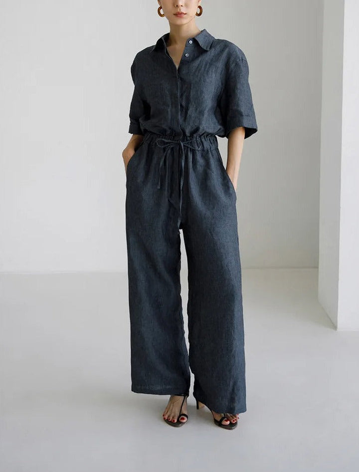 SCARLETT - Charcoal Linen Jumpsuit with Drawstring Waist