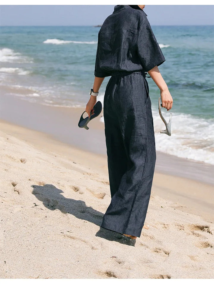 SCARLETT - Charcoal Linen Jumpsuit with Drawstring Waist
